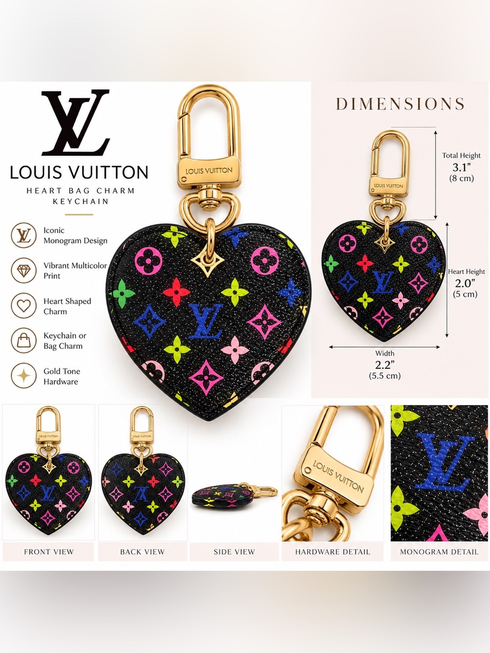 Black Multicolor Monogram Heart Key Holder with Gold Hardware